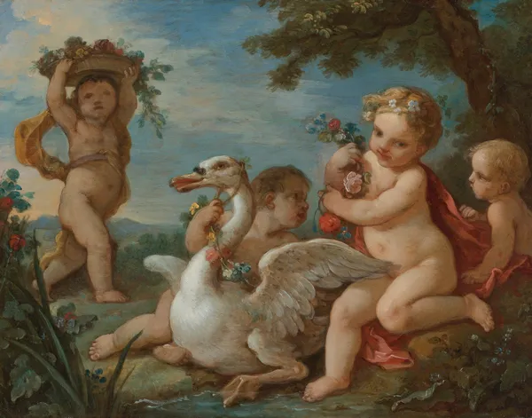 Putti Adorning A Swan With A Garland Of Flowers av Charles-Joseph Natoire