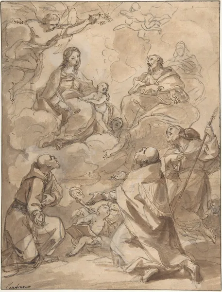 The Holy Family Appearing to St. Francis, St. Augustine, and St. Roch av Charles-Joseph Natoire