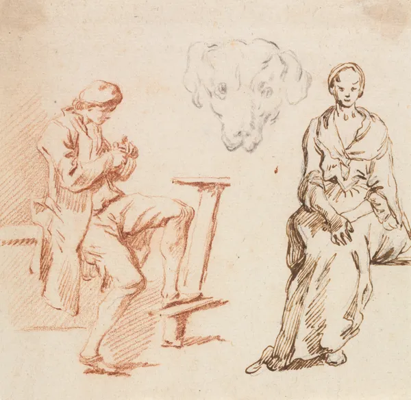 Sheet of Studies: Seated Man, Head of a Dog, Seated Woman av Claude-Joseph Vernet