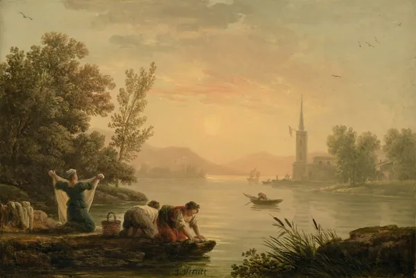 Washerwomen near by a lake av Claude-Joseph Vernet