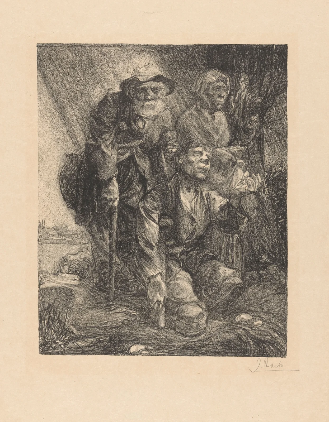 Drie bedelaars bij een boom av Johannes Josephus Aarts