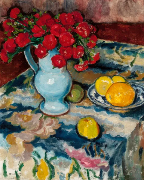 Red carnations (Still life with a blue vase) av Józef Pankiewicz