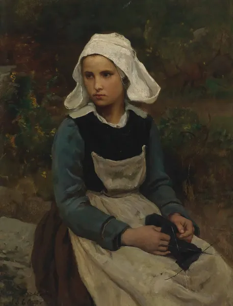 Young Brittany Girl Knitting av Jules Breton