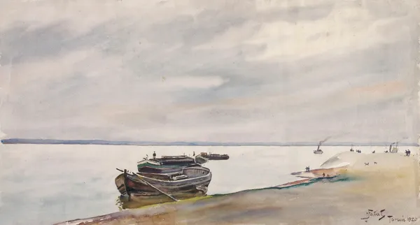 Boats and steamship on the Vistula near Toruń av Julian Falat