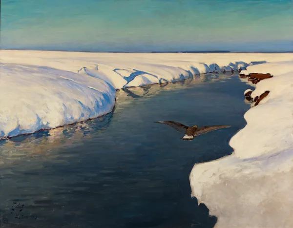 Winter landscape with a river and a bird av Julian Falat