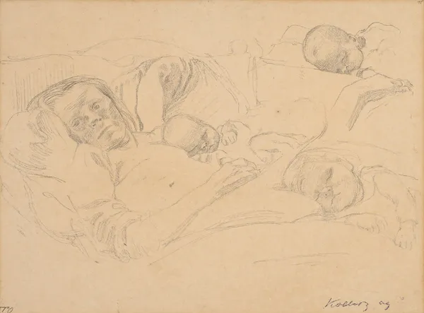 Frau im Bett mit ihrem Kind av Käthe Kollwitz