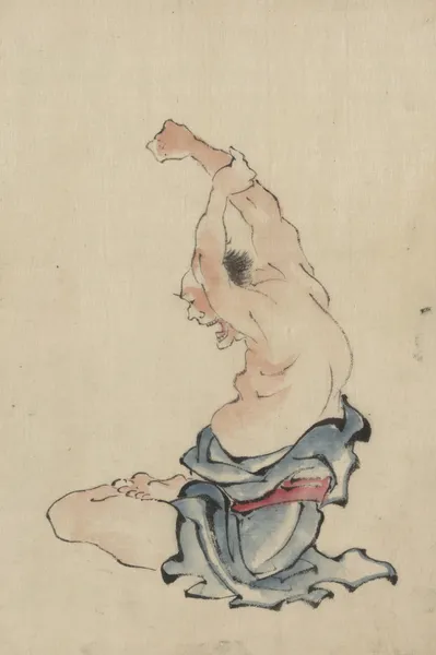 A man, bare-chested, sitting cross-legged with arms raised over his head, stretching or practicing yoga av Katsushika Hokusai