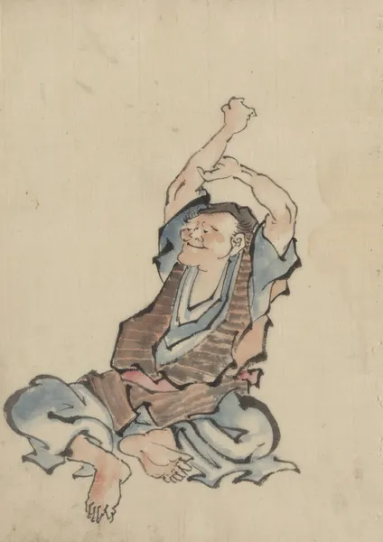 A man, facing left, wearing several layers of clothing, sitting with arms raised over his head, practicing yoga av Katsushika Hokusai