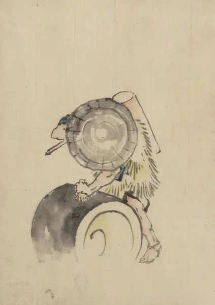 A man, wearing a large conical hat and a straw or feather garment, 1830 – nr 1 av Katsushika Hokusai