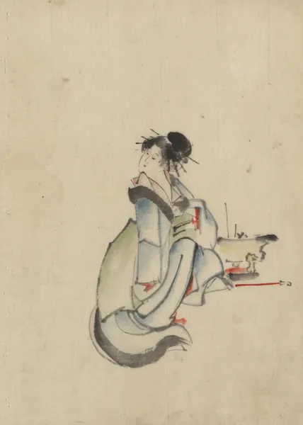 A woman, possibly a courtesan, seated, facing right, with her head turned to look back over her right shoulder, wearing several hairpins av Katsushika Hokusai