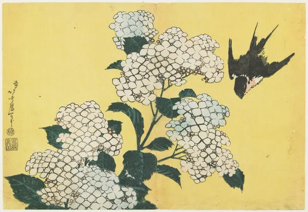 Hydrangeas and Swallow av Katsushika Hokusai