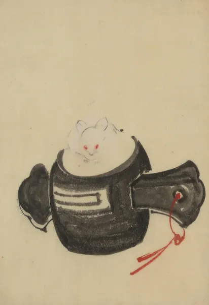 Mouse, facing front, sitting on a mallet with red ribbon through a hole in the handle av Katsushika Hokusai