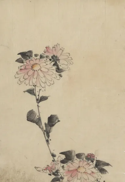 Pink flower blossoms on low stalk and two on a tall stalk av Katsushika Hokusai