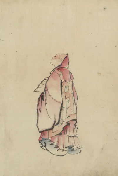 Side view of a monk, full-length portrait, facing left, wearing gown with hood av Katsushika Hokusai