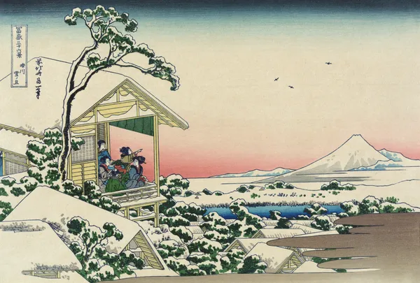 Teahouse at Koishikawa the morning after a snowfall av Katsushika Hokusai