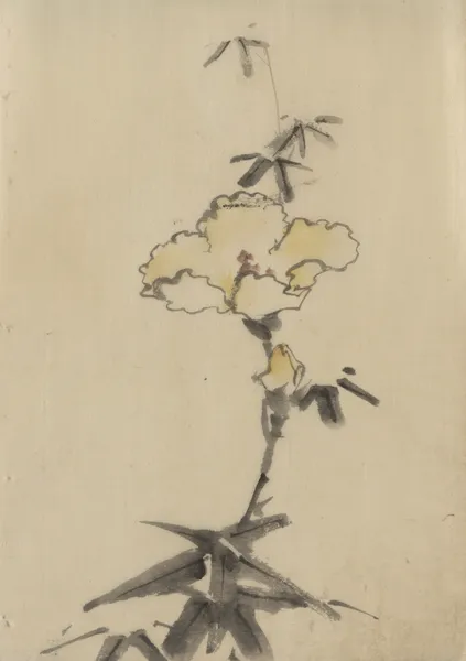 Yellow blossom with bud on a stalk above leaves av Katsushika Hokusai