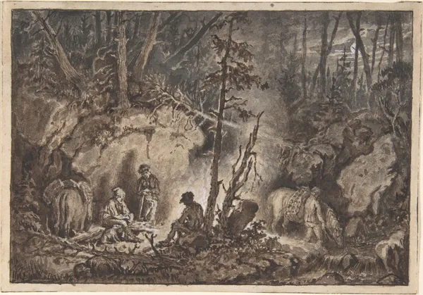 Jägare vilar i en skog om natten av Kilian Zoll