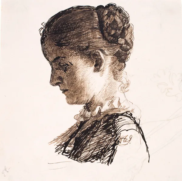 Kunstnerens søster Elisabeth. Profil t.v. Fletningefrisure av Kristian Zahrtmann