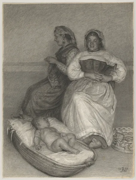 Two Seated Italian Women with a Baby in a Cradle av Kristian Zahrtmann
