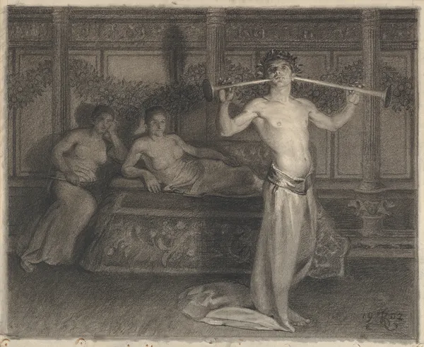 Two Women in an Interior Listening to a Young Musician in Antique Times av Kristian Zahrtmann