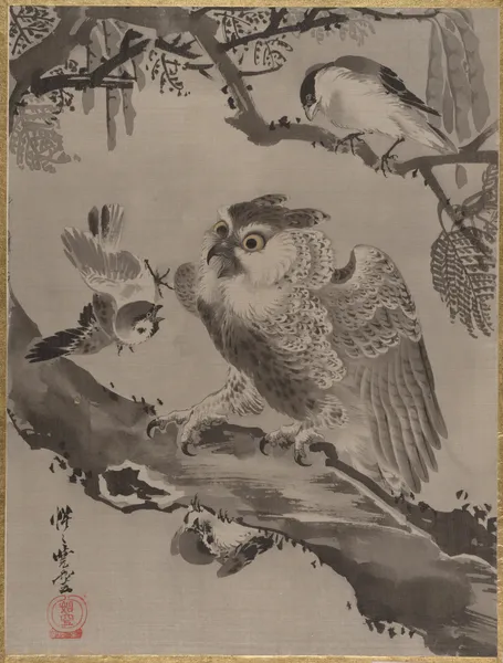 Owl Mocked by Small Birds av Kawanabe Kyōsai