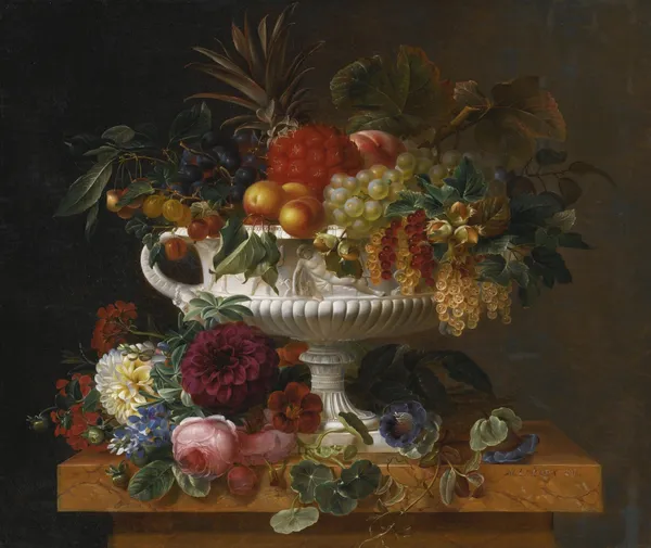 A Classical Urn with Gooseberries, Apricots, Currents, Cherries, Peaches and Pineapple set on a Flower Covered Plinth av Johan Laurentz Jensen
