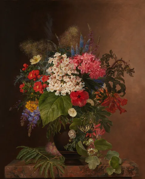 Convulvulus, lupins, speedwell and fuschia in a vase av Johan Laurentz Jensen
