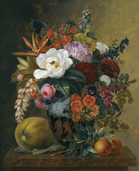 Exotic blooms in a Grecian krater with fruit on a marble ledge av Johan Laurentz Jensen
