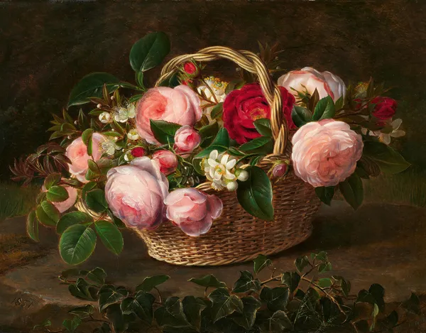 Korb mit Rosen- und Apfelblüten av Johan Laurentz Jensen