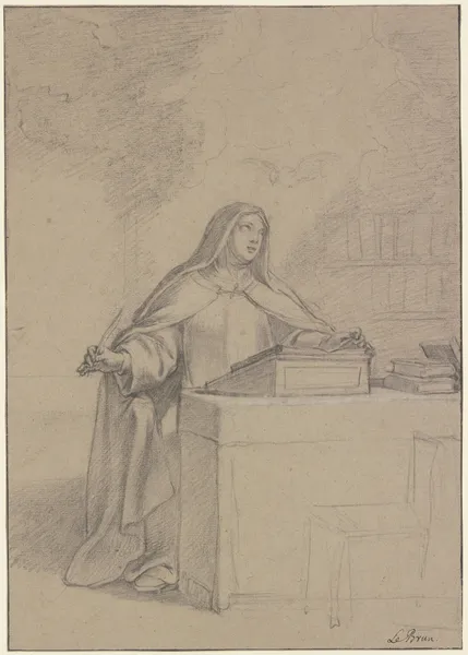Die Heilige Lucilia vom Heiligen Geist inspiriert am Pulte schreibend av Charles Le Brun