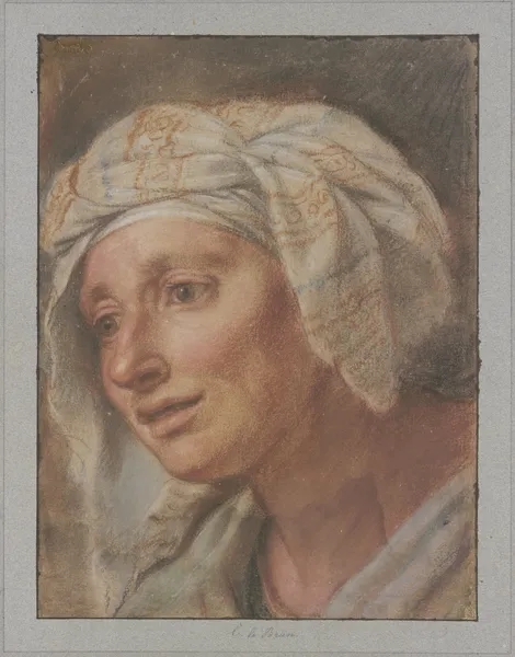 Königin mit Kopftuch aus den ‘Königinnen zu Füßen Alexanders des Großen’ av Charles Le Brun