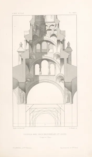 Coupole avec arcs encorbellés et jours. — Coupe et plan av Eugène-Emmanuel Viollet-le-Duc