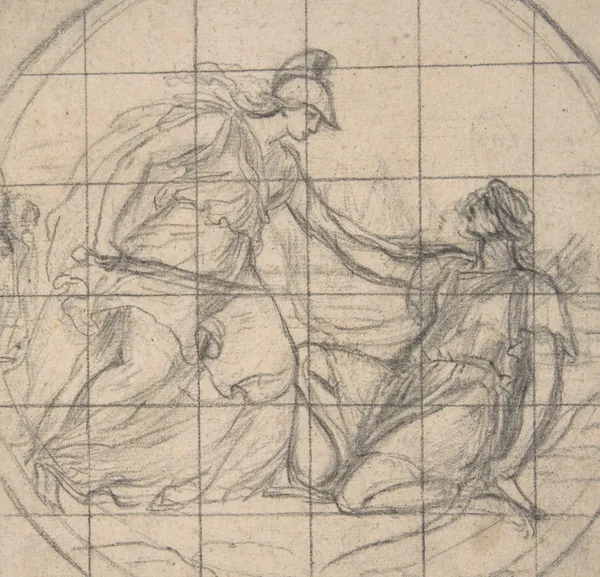 Design for a Medallion; Huntress Kneeling before an Armed Goddess av Eustache Le Sueur