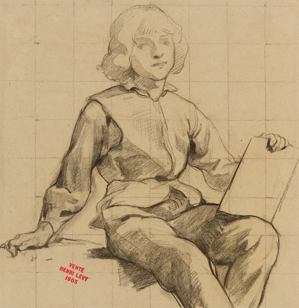 Etude de jeune homme assis tenant une tablette av Henri Leopold Lévy