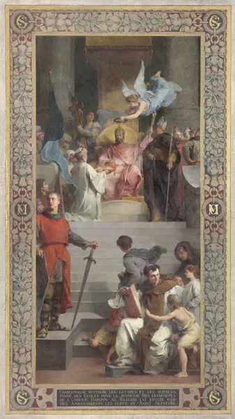 Les ambassadeurs de Haroun al Rashid offrent les clefs du Saint Sépulcre à Charlemagne av Henri Leopold Lévy