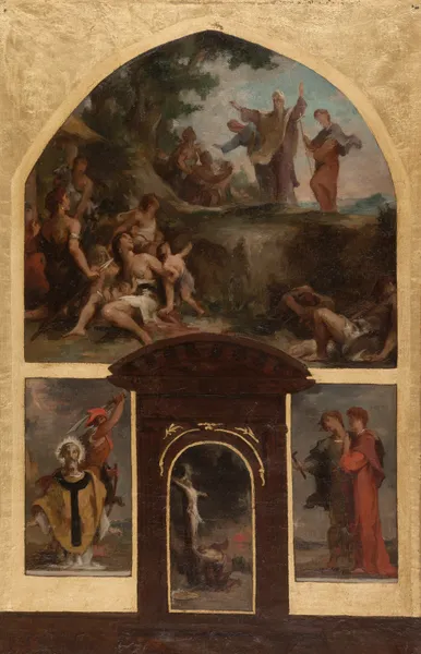 Prédication de saint Denis et conversion des Gaulois. Décollation de saint Denis. Christ en croix. Saint Rustique et saint Eleuthère. av Henri Leopold Lévy