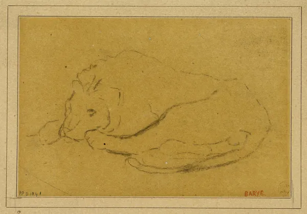 Lion couché la tête entre ses pattes av Antoine-Louis Barye