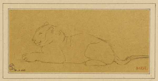 Tigre de profil couché à gauche av Antoine-Louis Barye