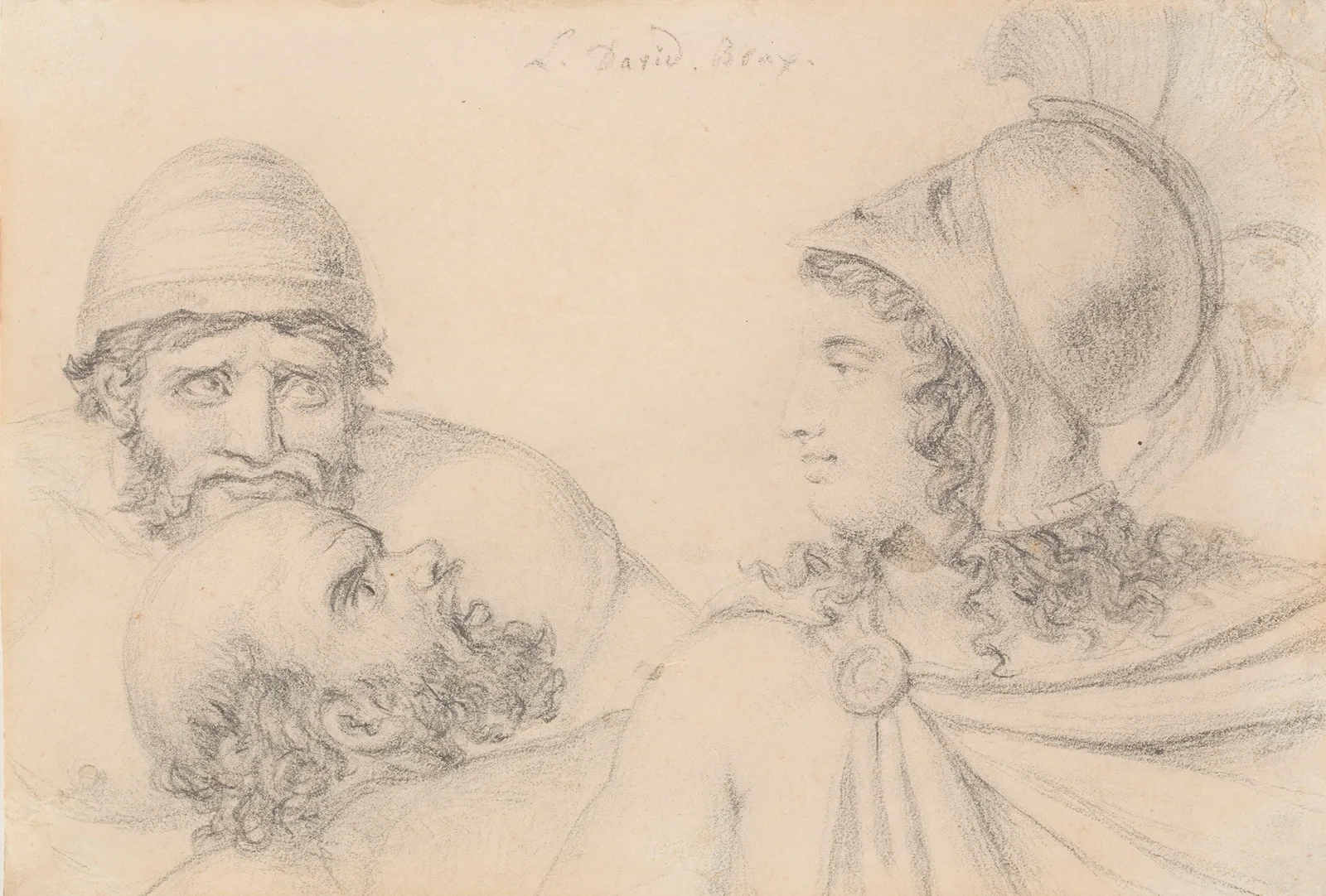 Helmeted Warrior with two bearded Men av Jacques Louis David