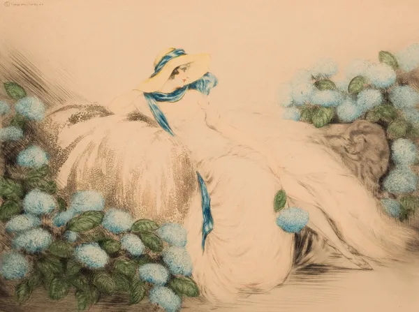 Lady with Blue Flowers av Louis Icart