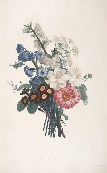Bouquet de Jacinte, Auricules, Narcisse tardif, Rose panachée, branche de Cerisiers en fleur av Jean Louis Prévost