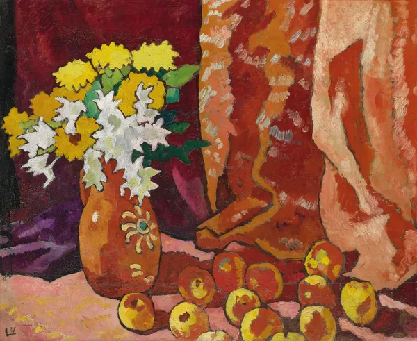 Bouquet à la cruche marron et aux pommes av Louis Valtat