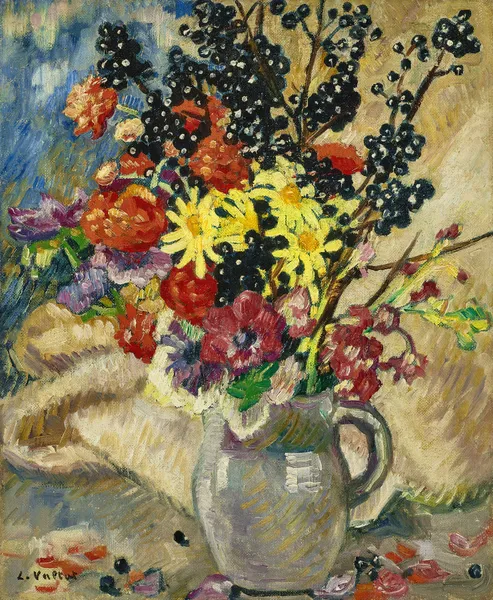 Bouquet aux branches de cassissier dans pichet brun av Louis Valtat