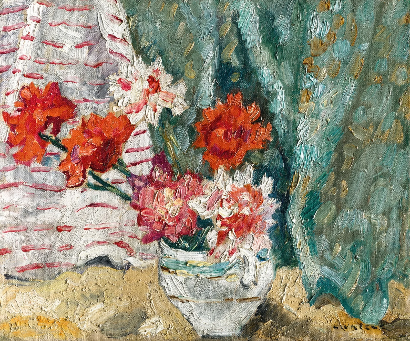 Bouquet devant une tenture verte av Louis Valtat