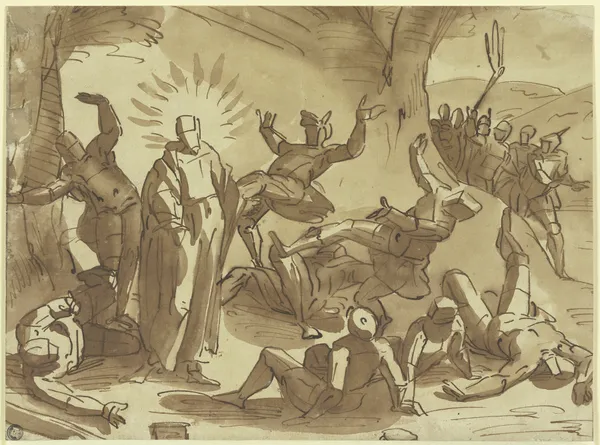 Christus wirft durch seine Stimme die ihn gefangennehmenden Soldaten nieder av Luca Cambiaso