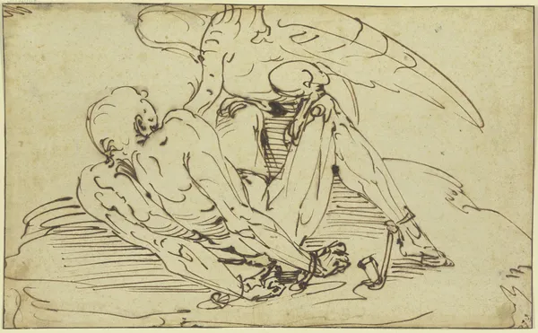 Der an den Felsen geschmiedete Prometheus mit dem Adler av Luca Cambiaso