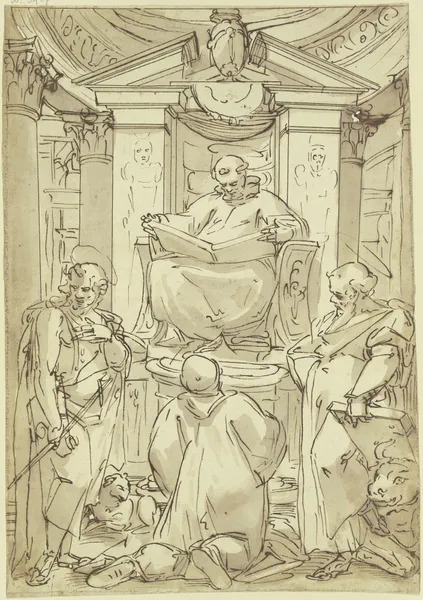 Der Heilige Benedikt mit aufgeschlagenem Buch auf einem Postament vor Aedicula und Kuppelansatz sitzend, neben ihm die Heiligen Johannes der Täufer und Lukas av Luca Cambiaso