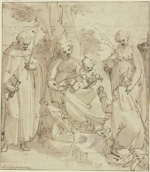 Madonna unter einem Baum zwischen zwei Heiligen, eine kniende Nonne hält dem Jesuskind ein Herz entgegen (Sacra conversazione) av Luca Cambiaso