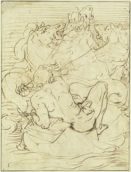 Neptun auf dem Meer fahrend av Luca Cambiaso