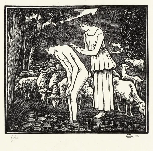 Daphnis wordt gewassen door Cloë av Lucien Pissarro